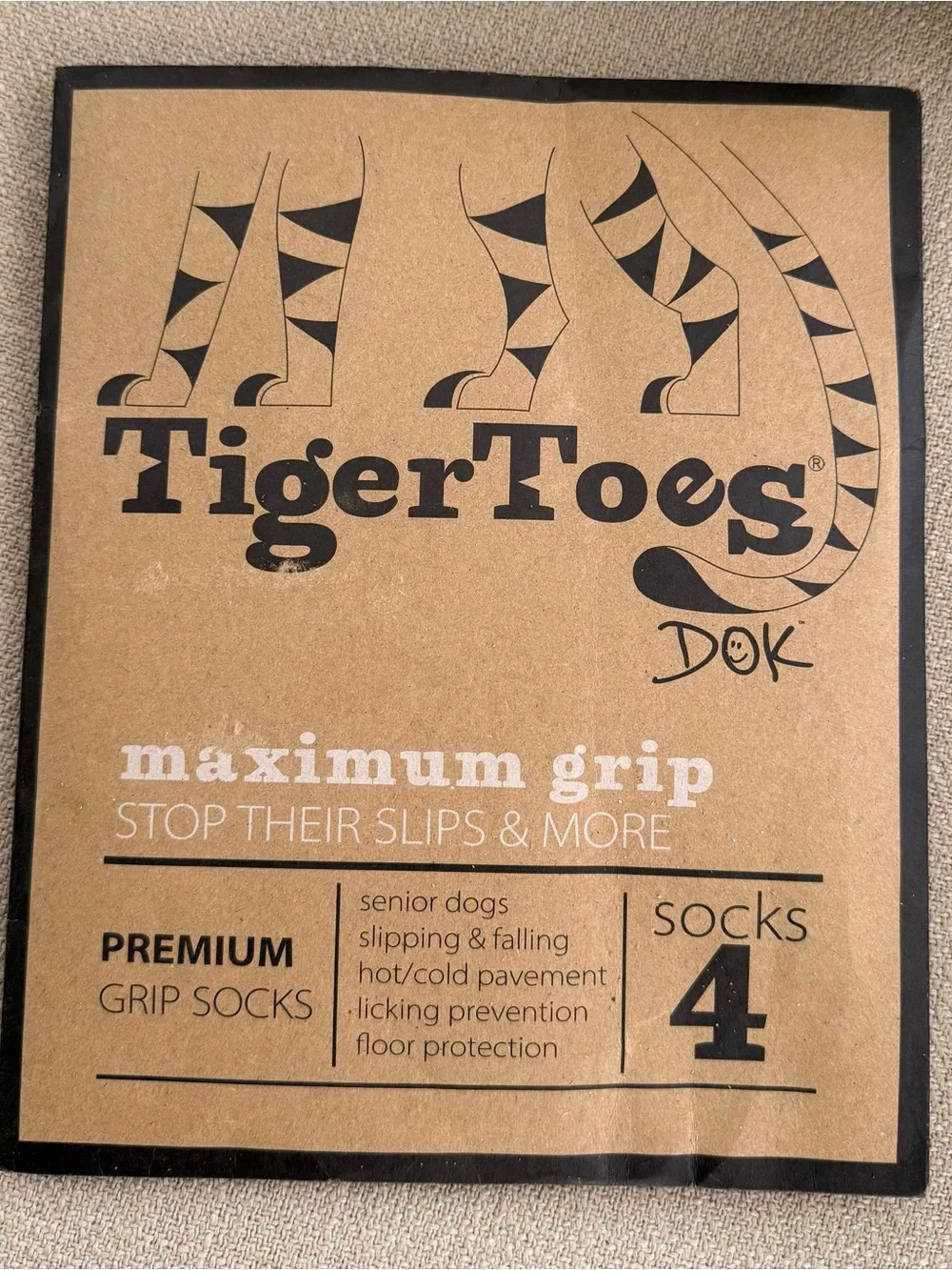 TIGER TOES Maximum Grip Dog Socks — Black (Pack of 4)